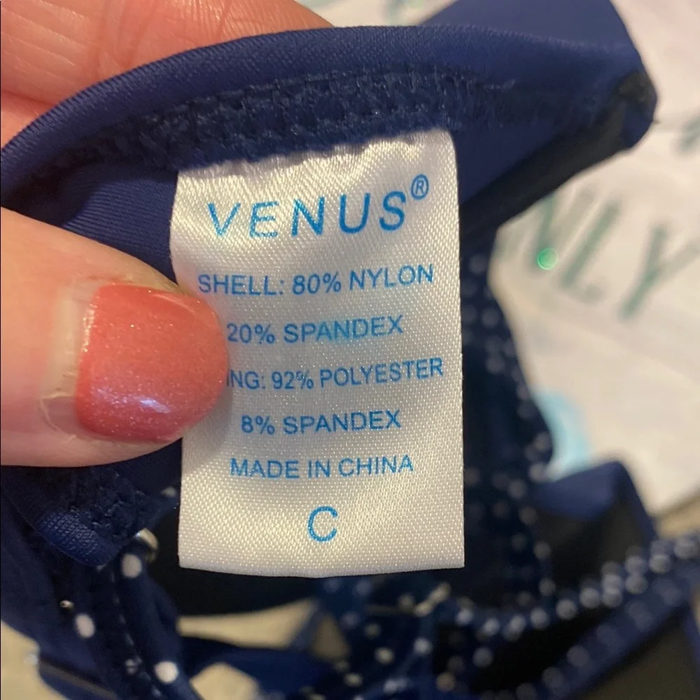 VENUS Dark Blue Bikini Top with Polka Dot Tie and Adjustable Straps